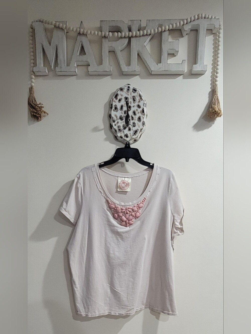 Avenue Cream Short Sleeve Tee with Pink Beaded Scoop Neck